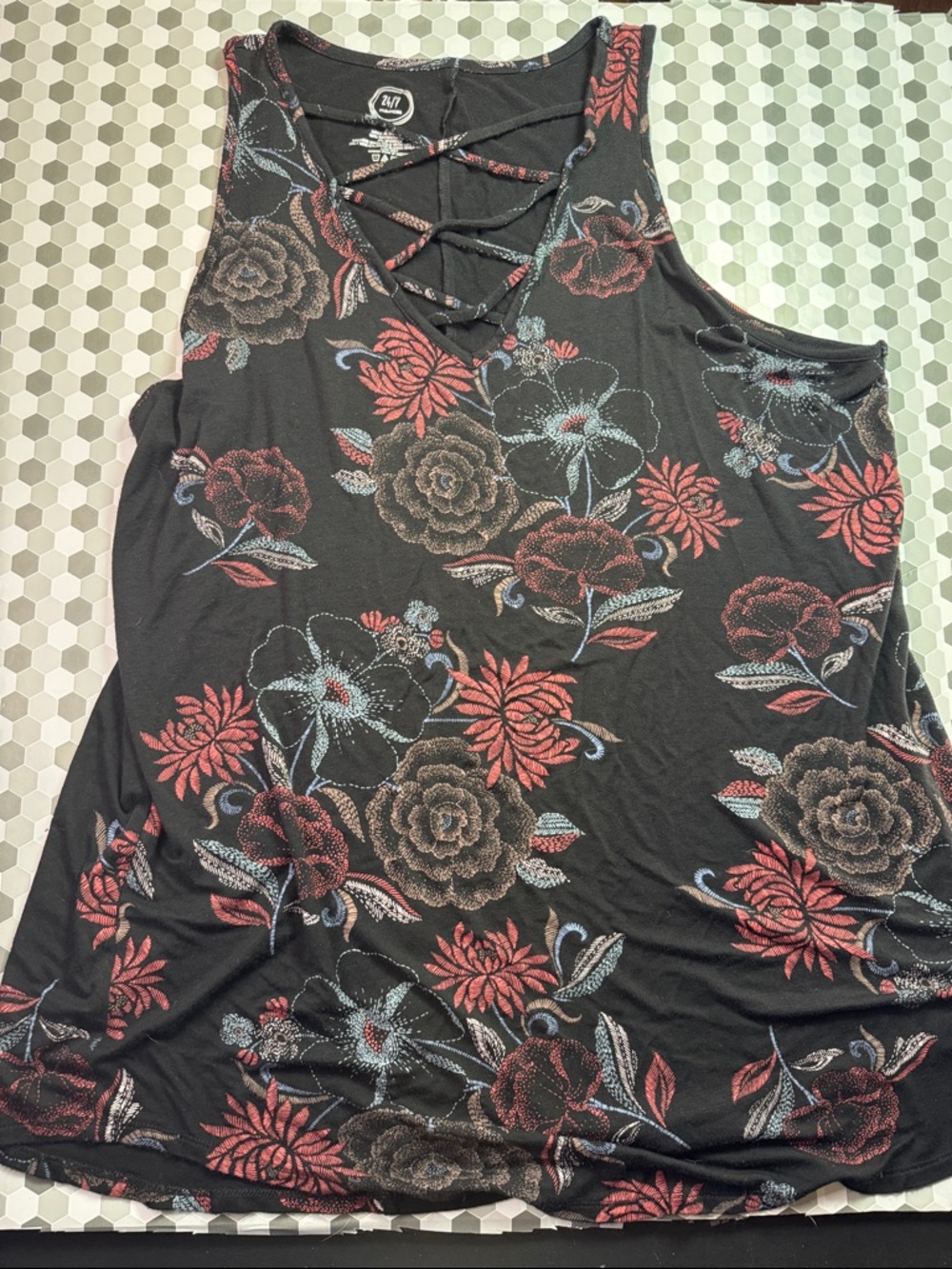 Maurices 24/7 Black Floral Lace-Up Tank Top with Red and Blue Accents